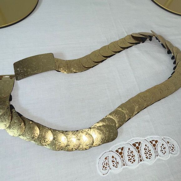 Vintage Embossed Brass Coin Belt – Floral Etched Metal with Elastic Back - Picture 3 of 16